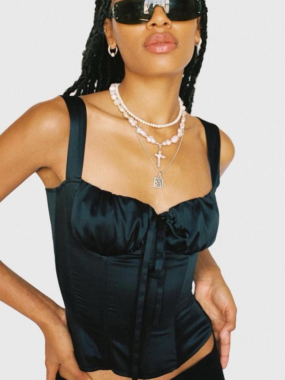 Miaou Satin Corset Tank Top - Black